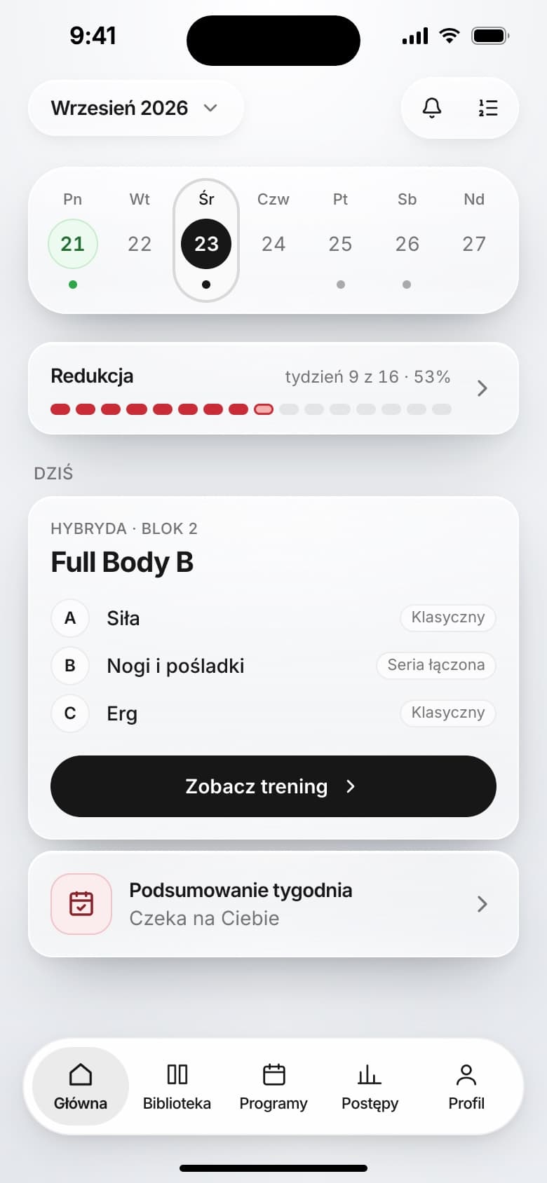 Ekran główny aplikacji: kalendarz tygodnia, etap współpracy i dzisiejszy trening